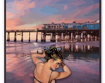 Cocoa Beach Florida Travel Print - Vintage Style Airlines Poster - depicts Canaveral Pier and a bikini clad pinup girl at sunset