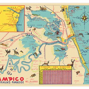 May include: A vintage map of the Tampico area in Mexico, highlighting the lagoons and waterways. The map features illustrations of various animals, including deer, birds, and fish. The text "Tampico Fisherman's Paradise" is printed at the bottom of the map, along with a table titled "Fishing and Hunting the Year Round".