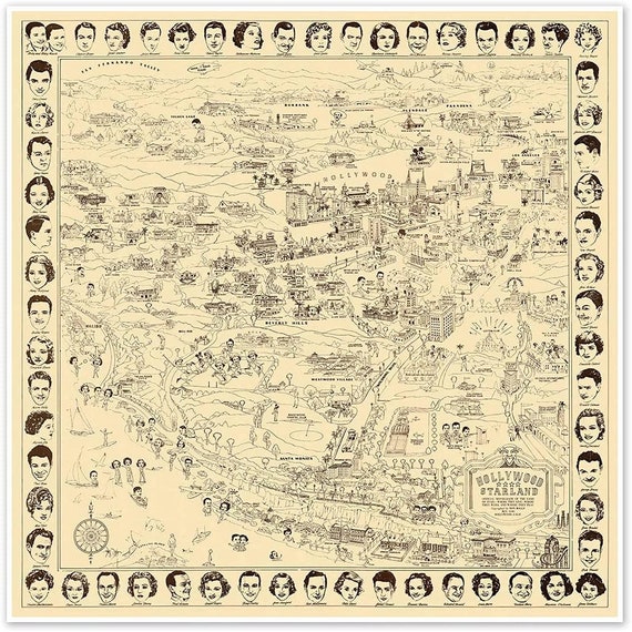 Hollywood Map Print 1937 Movie Star Homes | Vintage Hollywood Wall