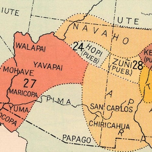 May include: A map of the southwestern United States showing the locations of Native American tribes. The map is divided into different colored regions, each representing a different tribe. The tribes are labeled with their names and numbers. The map also includes the names of some of the states in the region.