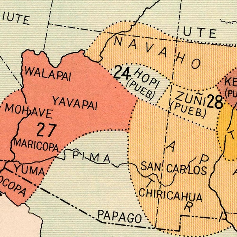 May include: A map of the southwestern United States showing the locations of Native American tribes. The map is divided into different colored regions, each representing a different tribe. The tribes are labeled with their names and numbers. The map also includes the names of some of the states in the region.