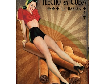 Hecho en Cuba la Habana / Hecho en La Habana Cuba Cigar Travel Poster / Pinup Art Print Poster Vintage Wall Decor / Publicidad de cigarros cubanos