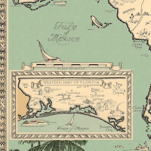 Pu&ograve; includere: Una mappa illustrata in stile vintage che raffigura il Golfo del Messico con un riquadro dettagliato intitolato Western Part of Florida. La mappa include una scala in miglia, illustrazioni nautiche ed etichette per citt&agrave; come Pensacola.