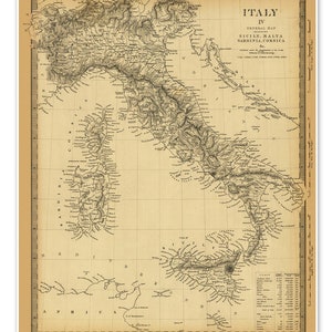 Ancienne carte de l'Italie, y compris la Sicile | Malte | Sardaigne | Corse | Style décorateur vintage Restauration Mapa | Décoration murale ancienne pour maison