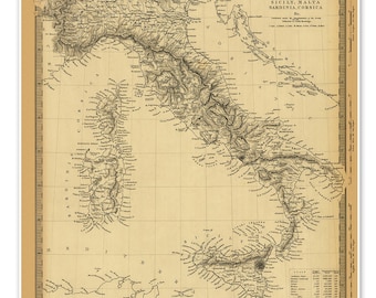 Old Map of Italy Including Sicily | Malta | Sardinia | Corsica | Restoration Decorator Style Vintage Mapa | Antique Home Wall Decor