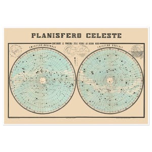 Mapa celeste italiano (Planisfero Celeste, c. 1850) / Hemisferio Norte y Sur astronómico / Póster con impresión artística, decoración de pared vintage