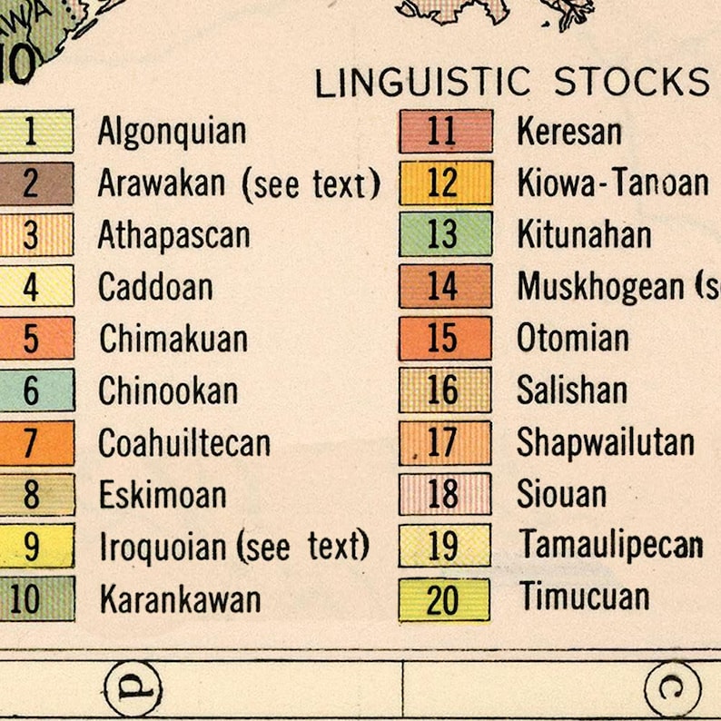 May include: A chart showing a list of 20 Native American language families, with their names and numbers. The chart is titled "Linguistic Stocks".