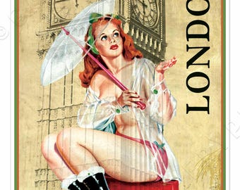 Rainy Day in London Travel Art Print Poster | Pinup Girl with Big Ben | Vintage Reprint Wall Decor
