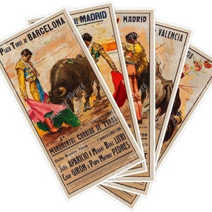 Zestaw pięciu (5) hiszpańskich plakatów reklamowych walk byków - La Corrida de Toros - Barcelona, Madryt i Walencja Vintage Travel Prints ok. 1940 r.