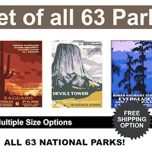 Stampe da viaggio in stile parco nazionale vintage / Set di tutti i 63 parchi / Regalo per parchi nazionali ed escursioni