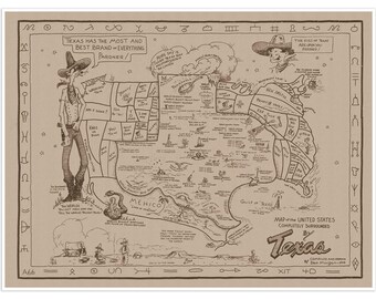Ilustración humorística de Texas dibujada a mano / Impresión decorativa de vaquero del oeste / Reimpresión vintage de decoración de pared tejana