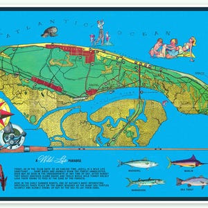 Vintage Jekyll Island Georgia Tourist Map Art Print, Atlantic Ocean Wildlife Paradise Guide, Decorative Coastal Wall Decor circa 1960
