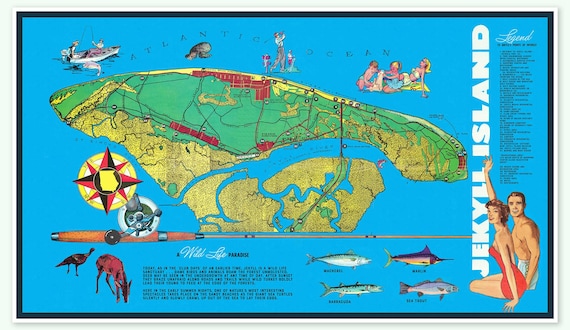 Vintage Jekyll Island Georgia Tourist Map Art Print, Atlantic