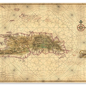Mapa antiguo de La Española (Haití y República Dominicana) y Puerto Rico de John Vinckeboons alrededor de 1639 / Póster de impresión artística Decoración de pared vintage