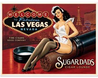 Vintage Las Vegas Cigar Pin-Up Poster | Retro Cigar Lounge Wall Art | Pin-Up Girl Art Print | Man Cave Bar Decor | Cigar Lover Gift for Him