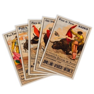 Conjunto de cinco (5) anuncios de corridas de toros españolas de alrededor de 1940 / La Corrida de Toros de Barcelona, Madrid y Valencia / Póster con impresión artística y decoración vintage
