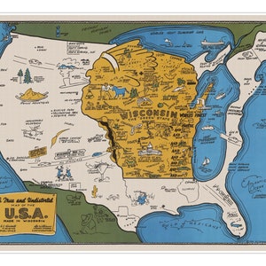 Whimsical Wisconsin Cheesehead Map | Undistorted View Map of the USA if You&#39;re From Wisconsin c.1952 | Art Print Poster Vintage Wall Decor