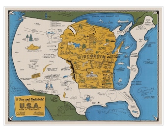 Whimsical Wisconsin Cheesehead Map | Undistorted View Map of the USA if You&#39;re From Wisconsin c.1952 | Art Print Poster Vintage Wall Decor