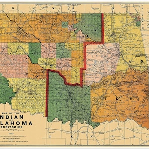 Mapa de los territorios indios de Oklahoma y el suroeste de los Estados Unidos c.1892: Cherokee, Osages, Creek, Comanchee, Apache, Chikasaw, Choctaw y Pawnee