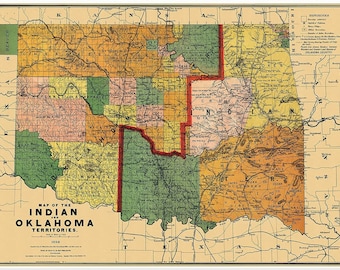 Oklahoma and Southwest United States Indian Territories map c.1892 - Cherokee, Osages, Creek, Comanchee, Apache, Chikasaw, Choctaw & Pawnee