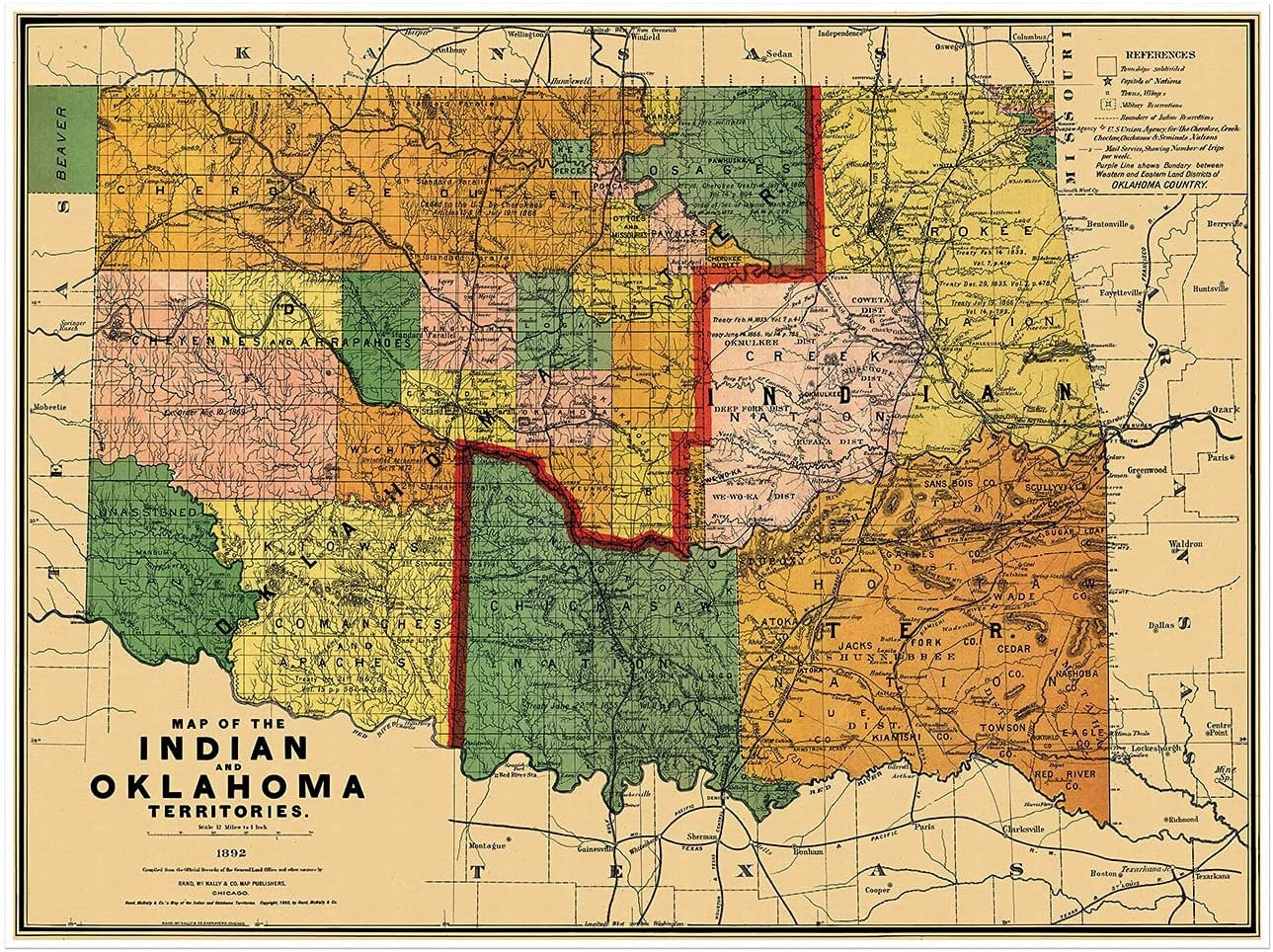 オクラホマ州とアメリカ合衆国南西部のインディアン準州の地図（1892