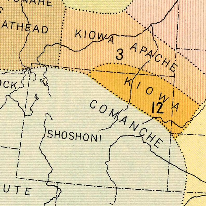 May include: A map showing the territories of Native American tribes in the United States. The map shows the Kiowa, Comanche, Apache, and Shoshoni tribes. The Kiowa territory is labeled "Kiowa 12" and the Apache territory is labeled "Apache 3".
