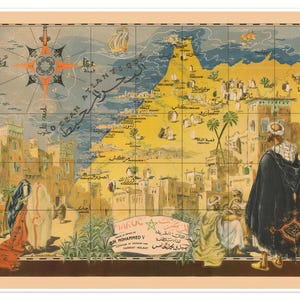 May include: A vintage-style illustrated map of Morocco featuring a compass rose, coastal waters, and inland cities. The map includes Arabic and French text, with figures in traditional attire depicted in the foreground against a desert landscape.
