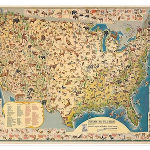 Bildhafte Wild- und Wildkarte der USA von Ira Moss | Kunstdruck Poster Vintage Jagd Wanddeko