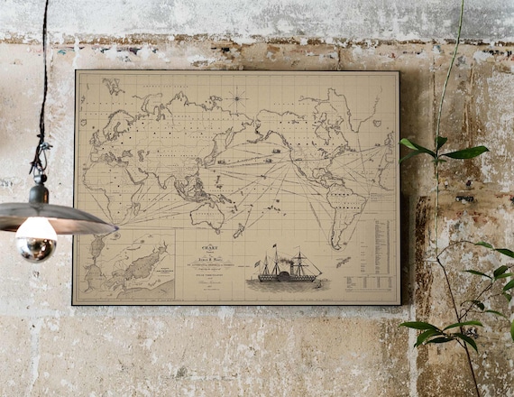 1850年頃の世界航海図｜アンティークマップアート、ヴィンテージ壁掛け