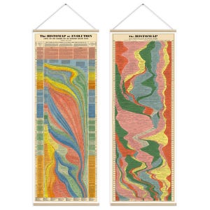 May include: Two vertical wall art pieces, each with a wooden frame and a hanging string. The art features colorful, flowing charts with the title "The Histomap of Evolution" at the top. The charts display a timeline of evolution.