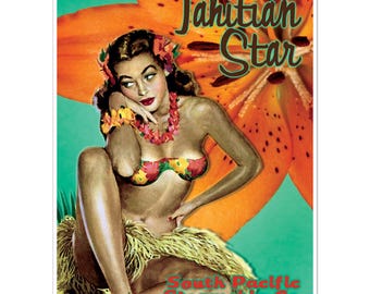 Tahitian Star Pinup | South Pacific Steamship Company Tahiti Travel Print |  Art Pinup Poster Vintage Wall Decor | Canvas or Satin Paper