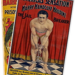 Houdini Posters - Set of Two (2) Jail Breaker Art Prints circa 1906: (1) America&#39;s Sensation (2) Prison Cell & Barrel Mystery