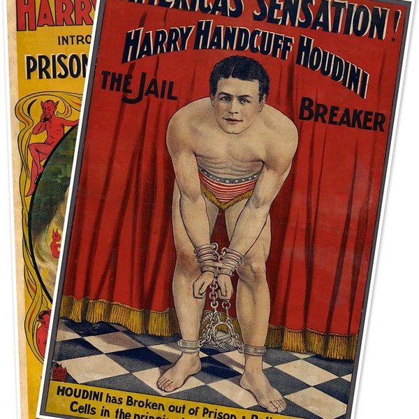 Houdini Posters - Set of Two (2) Jail Breaker Art Prints circa 1906: (1) America's Sensation (2) Prison Cell & Barrel Mystery