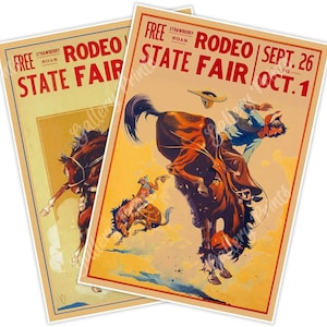 Juego de dos (2) pósteres de viaje de vaqueros de RODEO, impresiones artísticas de estilo vintage. Feria estatal de rodeo Strawberry Roan gratuita del 26 de septiembre al 1 de octubre