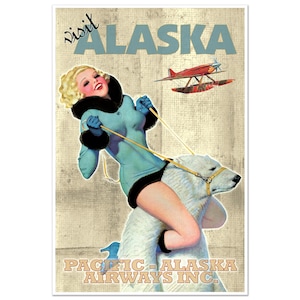 Besuchen Sie ALASKA Travel Print Werbung | Eisbär Wasserflugzeug Reise Poster | Kunstdruck Vintage Anzeige Wanddekor | Pazifik Alaska Fluglinien
