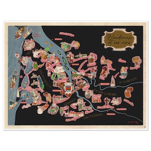 Vintage French Wine Art Print, Bordeaux et ses vins Fine Wines Region Wall Art, Black & Pink, Decorative Illustration Wine Country Map Decor
