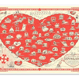 Bildkarte der Loveland Illustrierte Kartographie um 1943 | Kunstdruck Poster Vintage Wand Dekor | Einzigartiges Valentinstag Geschenk Love Land