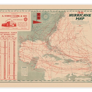 Chemins artistiques d'un ennemi tropical | Carte des ouragans des Caraïbes et de l'est des États-Unis v. 1946 | Décoration murale de plage côtière | Affiche d'impression d'art