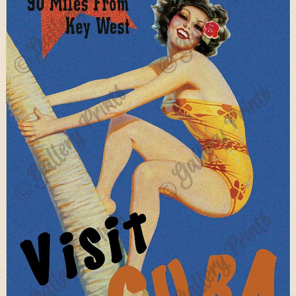 90 Miles from Key West - Affiche de voyage cubaine - Vintage Style Pinup Girl Art Print