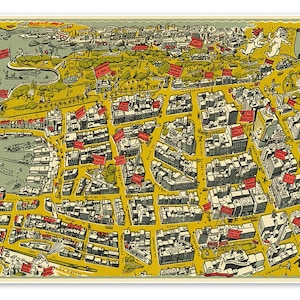 Mid-Century City Pictorial Map of Sydney Australia & Inhabitants circa 1948