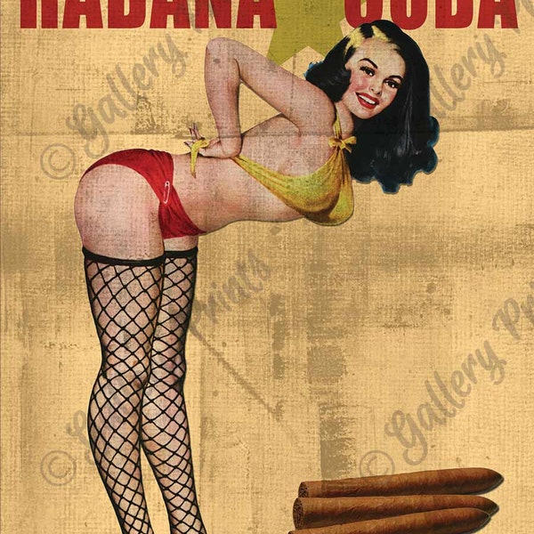 FISHNET Havanas Mas Fino de la Habana Cuba - publicité de pin-up de cigare cubain - affiche d'art imprimée voyage de style vintage