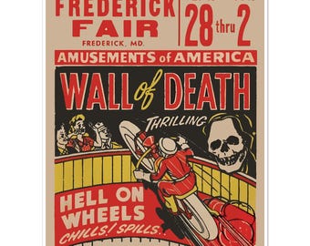 額装済/Fiac 1988/デルプラット/ポスター Wall of Death Motorcycle Show Advertisement - Great Frederick Fair