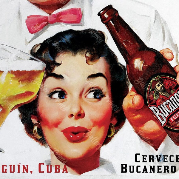 Bucanero Cuban Cerveza Publicité Affiche de voyage - Vintage Style Pinup Girl Art Print pour la promotion de la bière