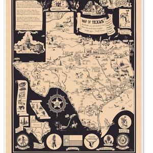 Mappa pittorica dello stato del Texas intorno al 1934 - Decorazione per la casa a tema vintage "Lone Star State".