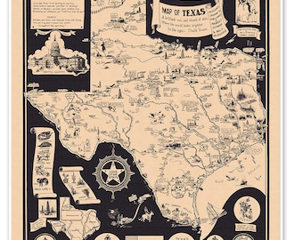 Texas State Pictorial Map circa 1934 - &quot;Lone Star State&quot; Vintage Themed Home Decor