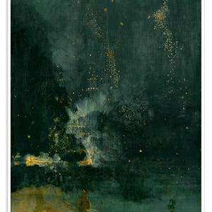 Puede incluir: Una impresión de arte abstracto con una estética oscura y melancólica. La obra presenta una paleta de colores verde oscuro y dorado, con pinceladas que sugieren una escena nocturna con luces o fuegos artificiales. El efecto general es atmosférico y evocador.