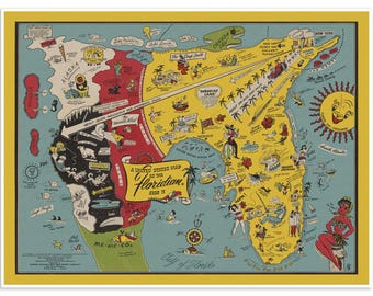Florida "As the Floridian Sees It" Map Wall Art, Retro Decorative Cartoon Style Home Decor Print, Whimsical Vintage Floridian Poster c. 1948