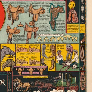 Puede incluir: Ilustraci&oacute;n vintage que muestra la evoluci&oacute;n de las sillas de montar, con tipos como la silla bronc y la silla de asociaci&oacute;n. La imagen incluye texto sobre las caracter&iacute;sticas de la silla de montar, las botas de vaquero y el marcado de terneros. La paleta de colores es una mezcla de marr&oacute;n, beige y amarillo.