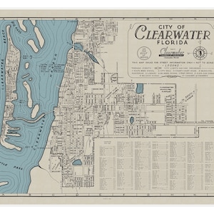 Stadsplattegrond van Clearwater Florida c. 1949 | Momentopname van Clearwater Beach uit de jaren '40 | Vintage stijl muur decor kunst print poster
