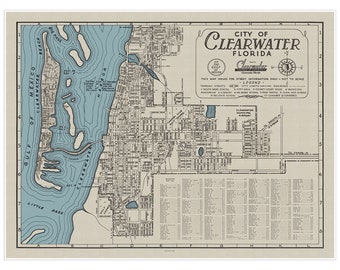 City Street Map of Clearwater Florida c. 1949 | Snapshot of Clearwater Beach from the 1940's | Vintage Style Wall Decor Art Print Poster